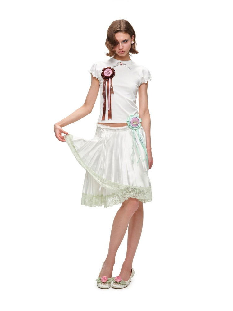 Rose Bow Puff Sleeve Solid Color Basic Short Sleeve T-Shirt【s0000016591】