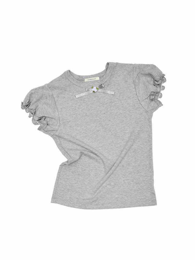Rose Bow Puff Sleeve Solid Color Basic Short Sleeve T-Shirt【s0000016591】