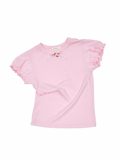 Rose Bow Puff Sleeve Solid Color Basic Short Sleeve T-Shirt【s0000016591】