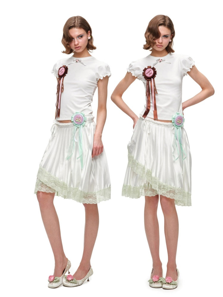 Rose Bow Puff Sleeve Solid Color Basic Short Sleeve T-Shirt【s0000016591】