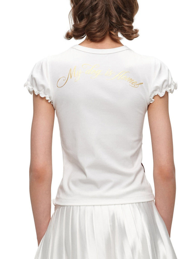 Rose Bow Puff Sleeve Solid Color Basic Short Sleeve T-Shirt【s0000016591】