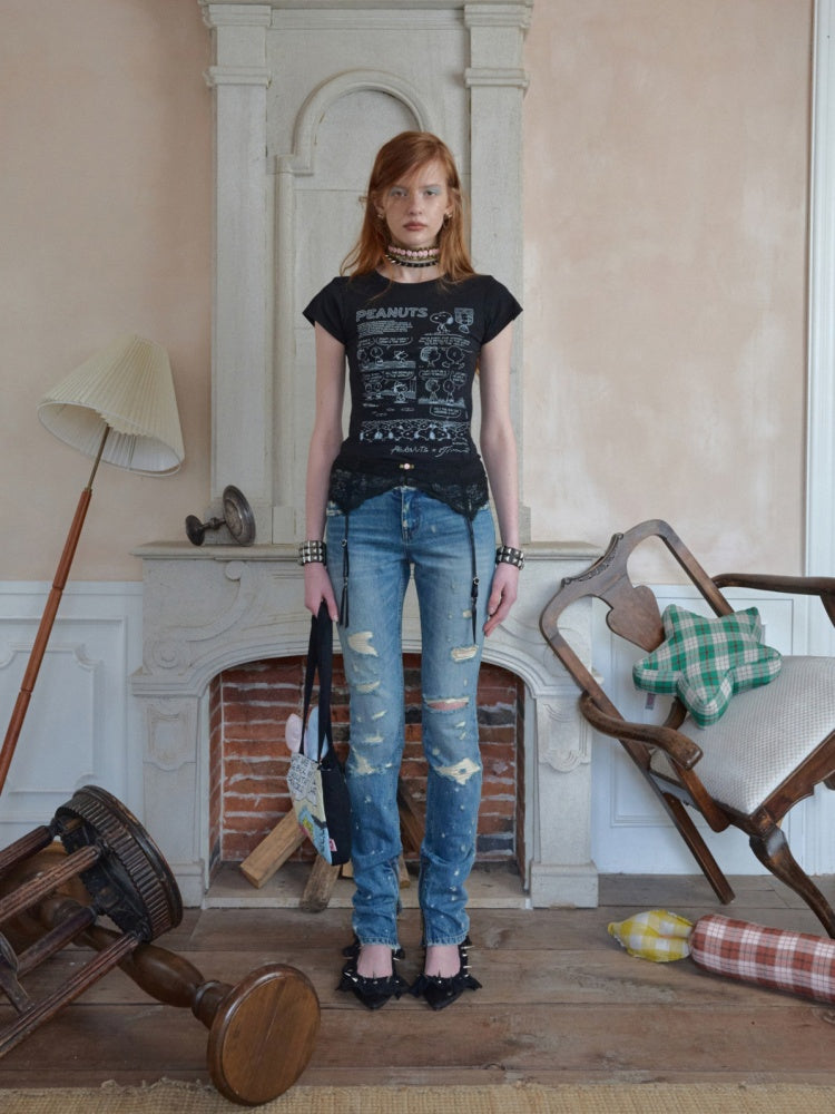 1JINN STUDIOxSNOOPY Collaboration Print Basic Short Sleeved T-Shirt【s0000016592】