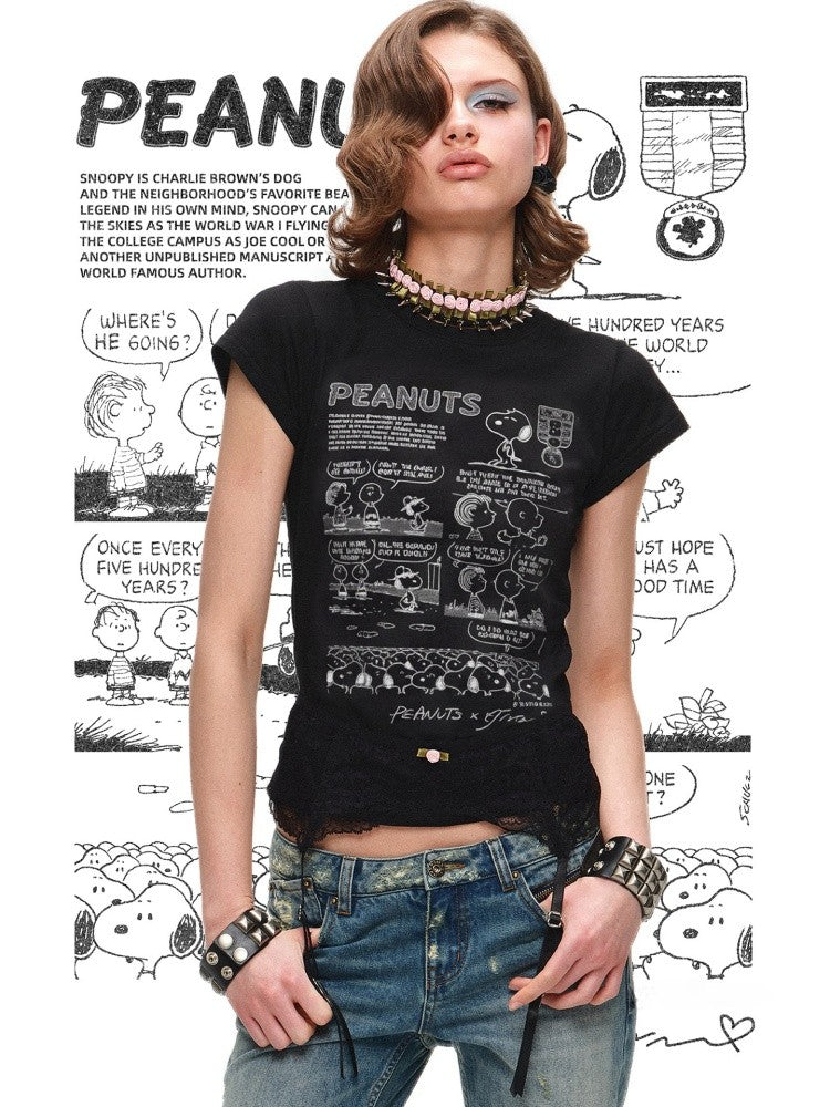 1JINN STUDIOxSNOOPY Collaboration Print Basic Short Sleeved T-Shirt【s0000016592】