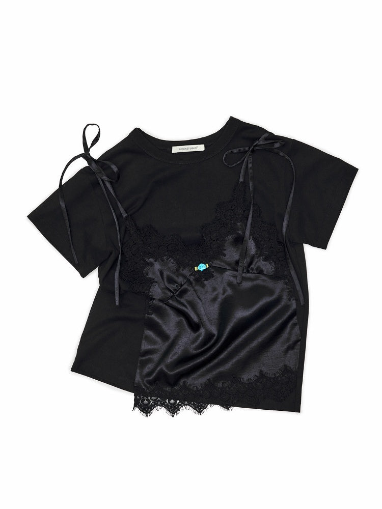Faux Layered Satin Lace Suspender Combined Basic T-Shirt【s0000016595】