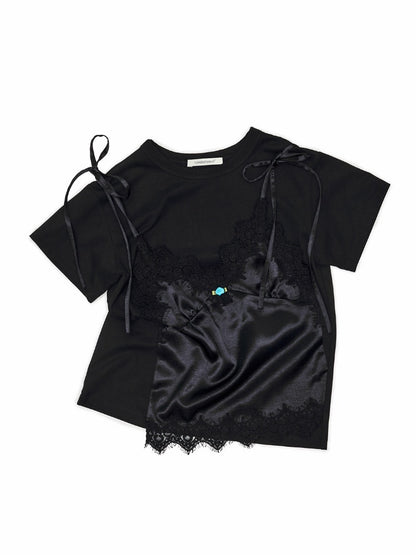 Faux Layered Satin Lace Suspender Combined Basic T-Shirt【s0000016595】