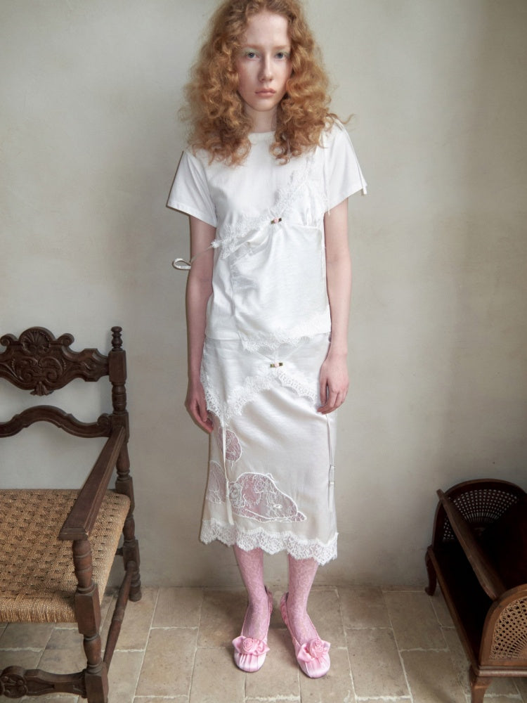 Faux Layered Satin Lace Suspender Combined Basic T-Shirt【s0000016595】