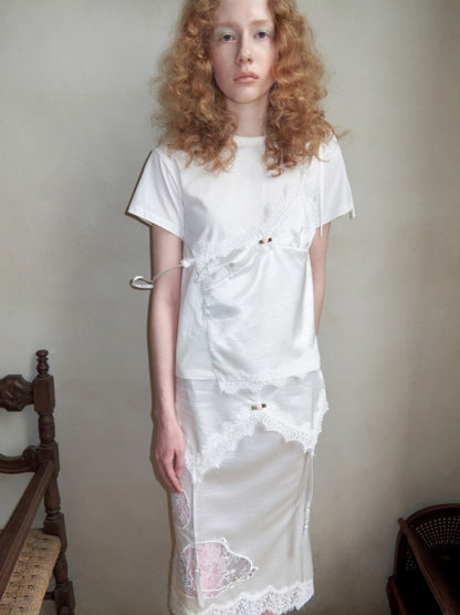 Faux Layered Satin Lace Suspender Combined Basic T-Shirt【s0000016595】
