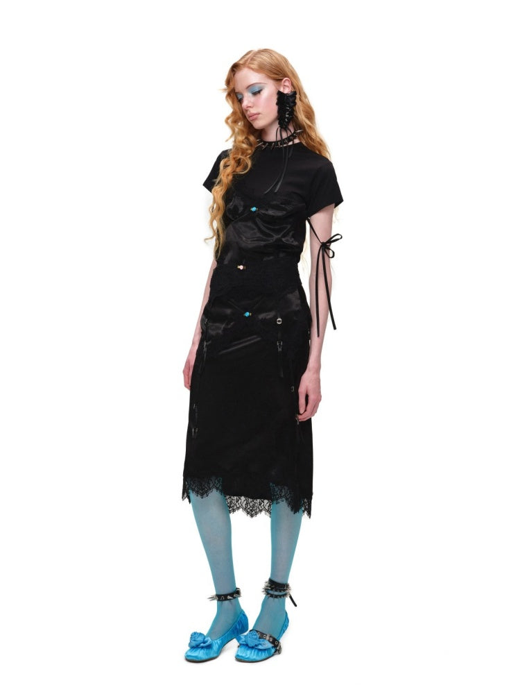 Faux Layered Satin Lace Suspender Combined Basic T-Shirt【s0000016595】