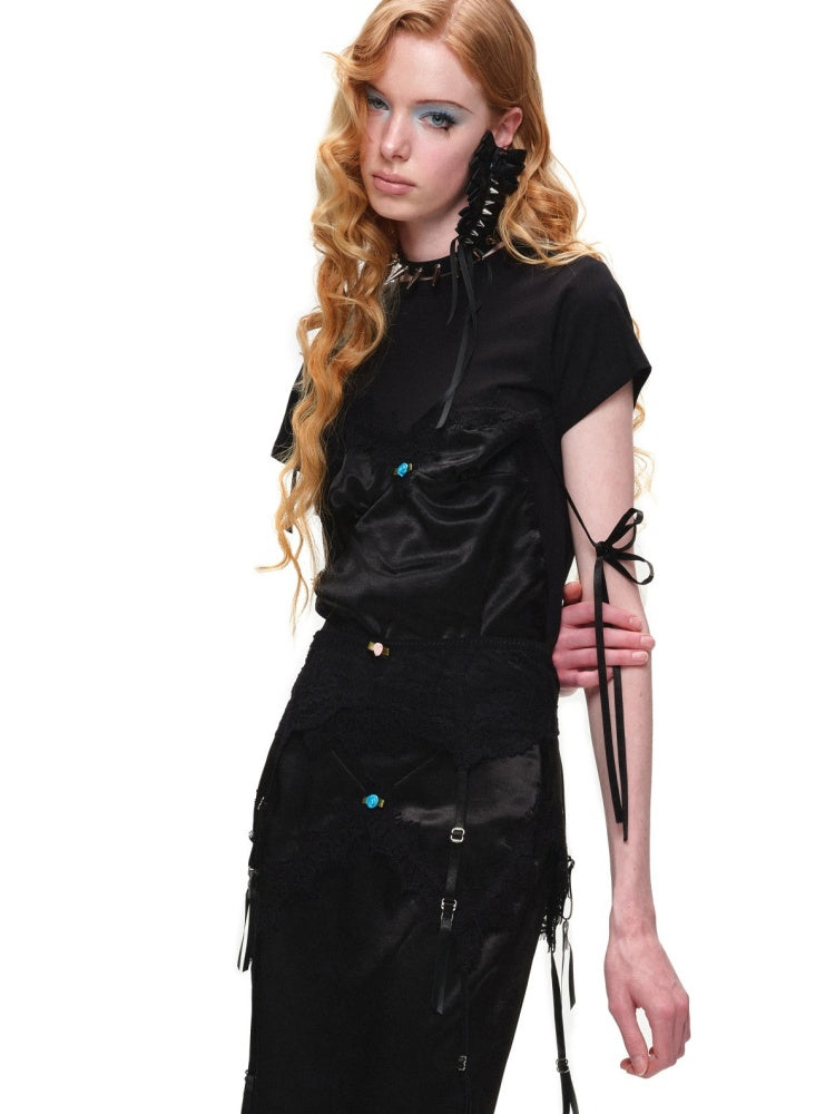 Faux Layered Satin Lace Suspender Combined Basic T-Shirt【s0000016595】