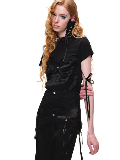 Faux Layered Satin Lace Suspender Combined Basic T-Shirt【s0000016595】