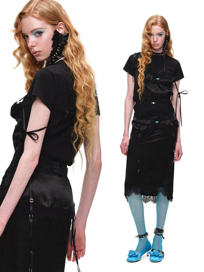 Faux Layered Satin Lace Suspender Combined Basic T-Shirt【s0000016595】