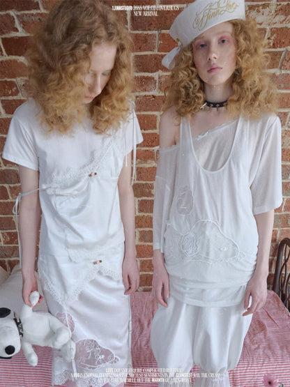 Faux Layered Satin Lace Suspender Combined Basic T-Shirt【s0000016595】