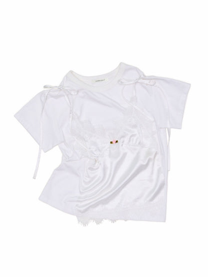 Faux Layered Satin Lace Suspender Combined Basic T-Shirt【s0000016595】