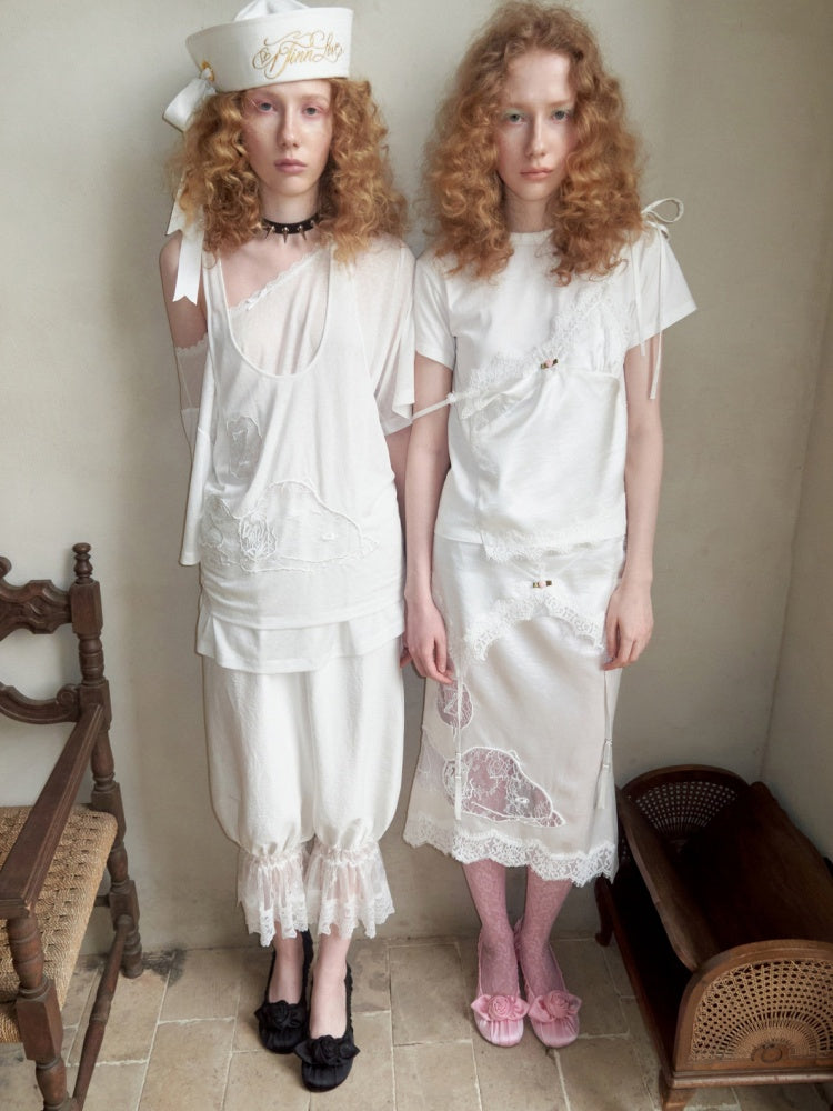 Faux Layered Satin Lace Suspender Combined Basic T-Shirt【s0000016595】