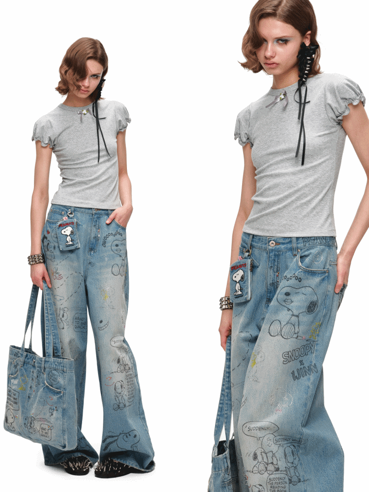 1JINN STUDIOx SNOOPY Collaboration Embroidered Denim Coin Purse【s0000016596】