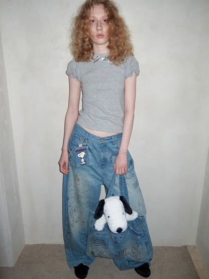 1JINN STUDIOx SNOOPY Collaboration Graffiti Rhinestone Denim Bag【s0000016597】