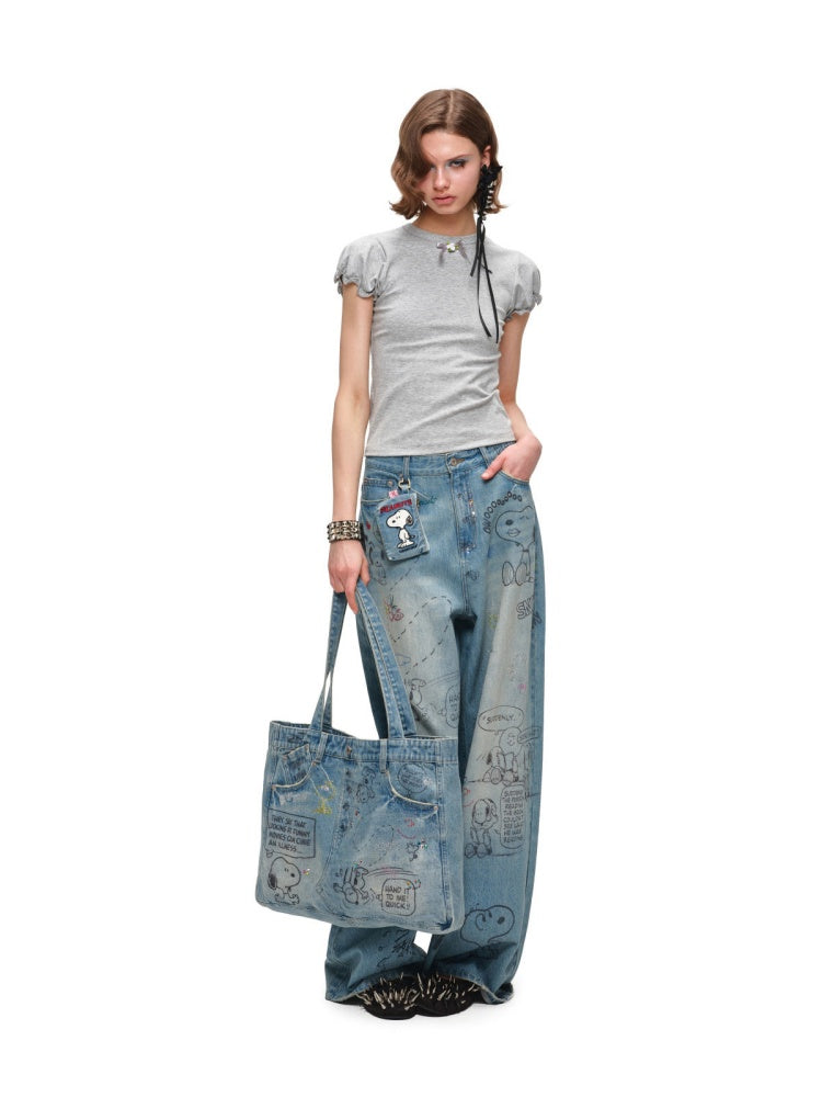 1JINN STUDIOx SNOOPY Collaboration Graffiti Rhinestone Denim Bag【s0000016597】