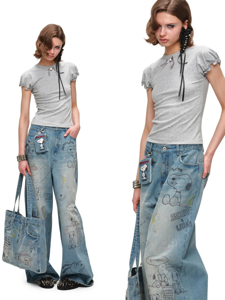 1JINN STUDIOx SNOOPY Collaboration Graffiti Rhinestone Denim Bag【s0000016597】