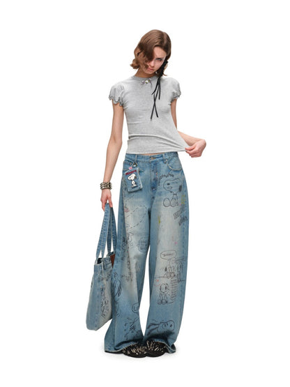 1JINN STUDIOx SNOOPY Collaboration Graffiti Rhinestone Denim Bag【s0000016597】
