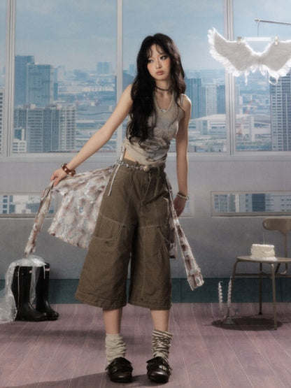 Detachable Plaid Butt Curtain Wide-Leg Cropped Pants【s0000016725】