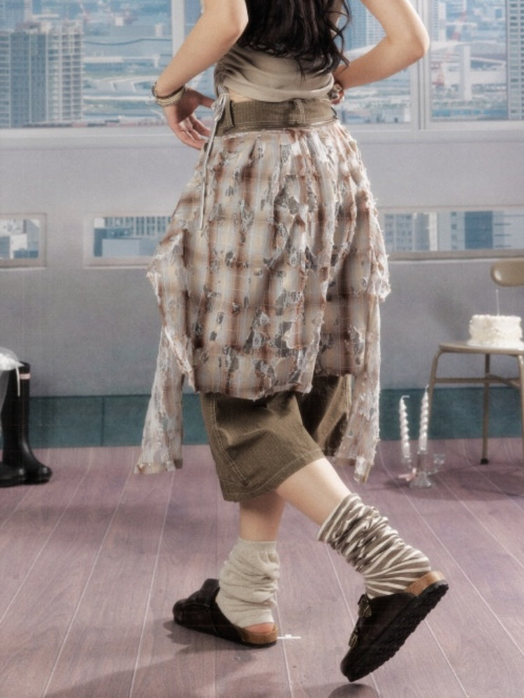 Detachable Plaid Butt Curtain Wide-Leg Cropped Pants【s0000016725】