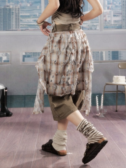 Detachable Plaid Butt Curtain Wide-Leg Cropped Pants【s0000016725】