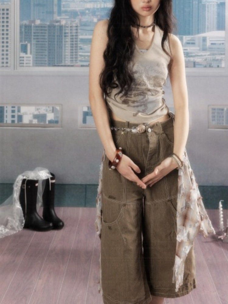 Detachable Plaid Butt Curtain Wide-Leg Cropped Pants【s0000016725】