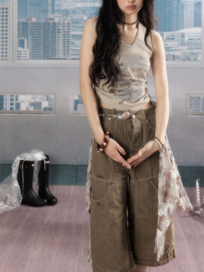 Detachable Plaid Butt Curtain Wide-Leg Cropped Pants【s0000016725】