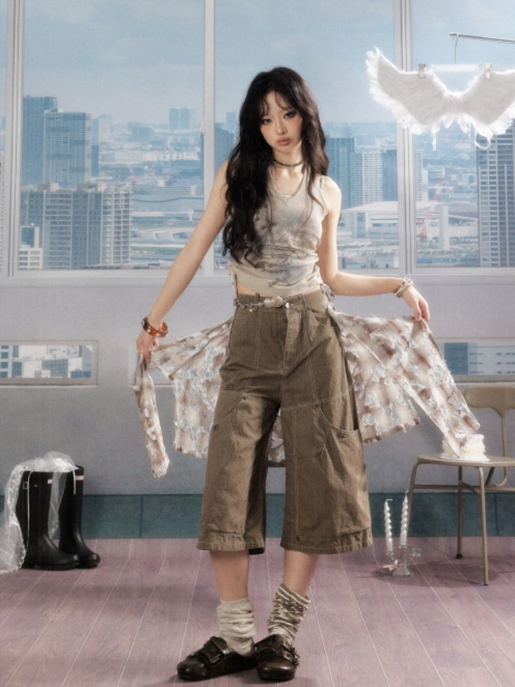 Detachable Plaid Butt Curtain Wide-Leg Cropped Pants【s0000016725】