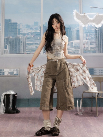 Detachable Plaid Butt Curtain Wide-Leg Cropped Pants【s0000016725】