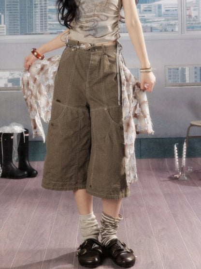 Detachable Plaid Butt Curtain Wide-Leg Cropped Pants【s0000016725】