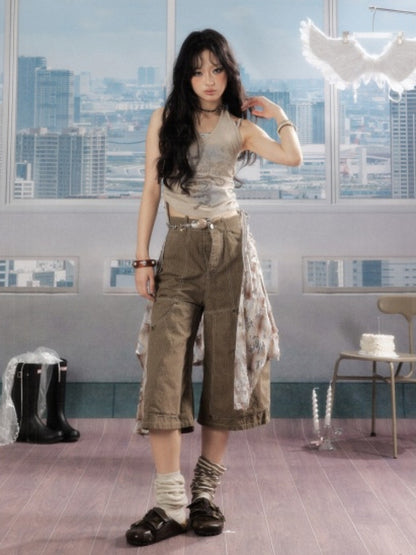 Detachable Plaid Butt Curtain Wide-Leg Cropped Pants【s0000016725】
