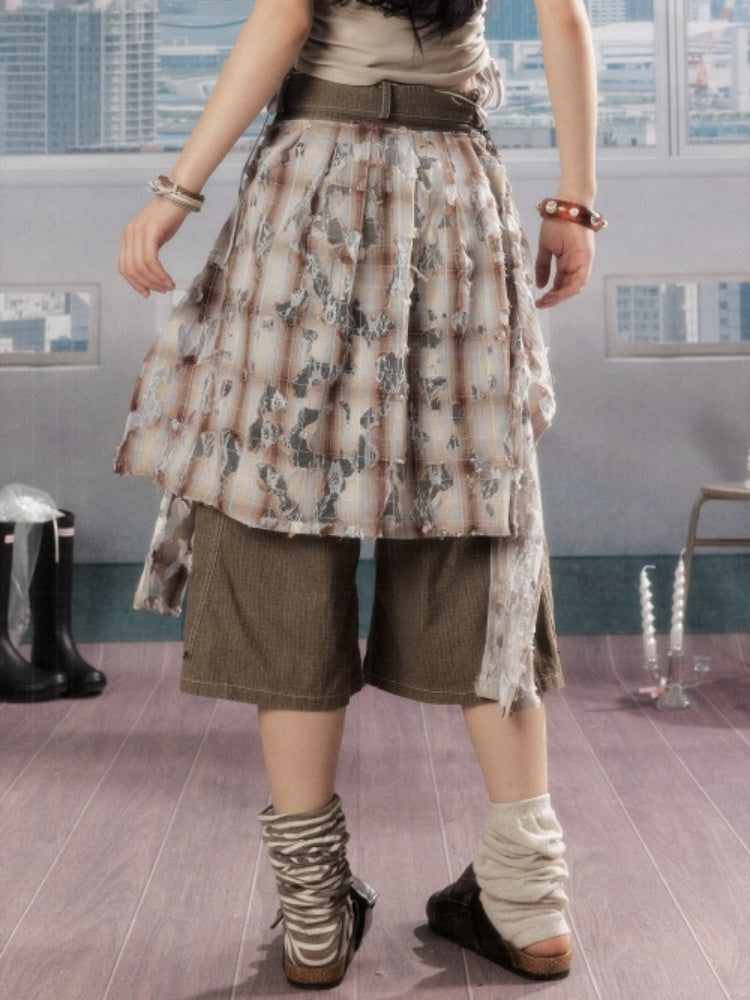 Detachable Plaid Butt Curtain Wide-Leg Cropped Pants【s0000016725】