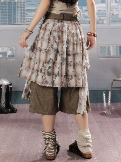 Detachable Plaid Butt Curtain Wide-Leg Cropped Pants【s0000016725】