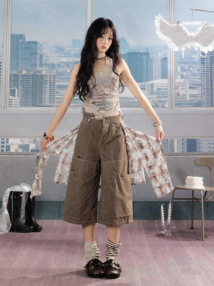 Detachable Plaid Butt Curtain Wide-Leg Cropped Pants【s0000016725】