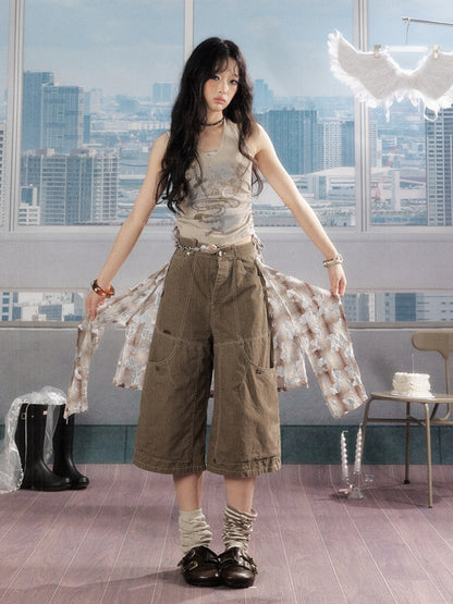 Detachable Plaid Butt Curtain Wide-Leg Cropped Pants【s0000016725】