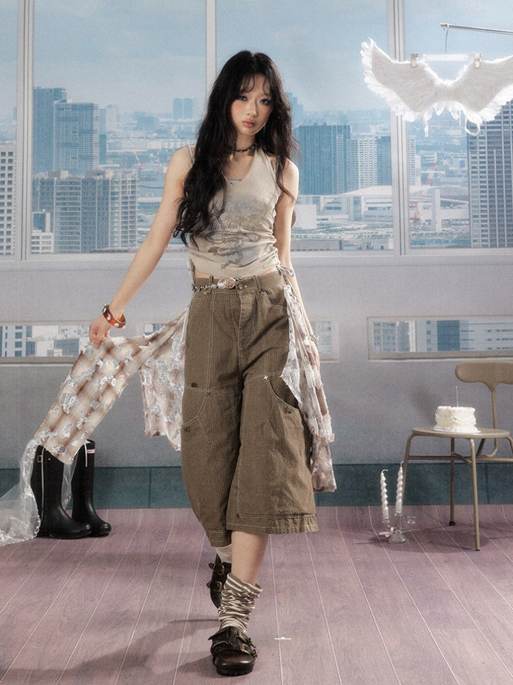 Detachable Plaid Butt Curtain Wide-Leg Cropped Pants【s0000016725】