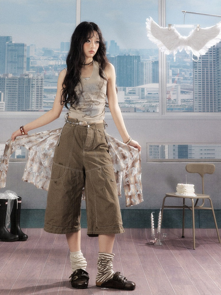 Detachable Plaid Butt Curtain Wide-Leg Cropped Pants【s0000016725】