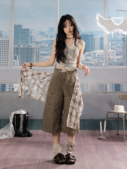 Detachable Plaid Butt Curtain Wide-Leg Cropped Pants【s0000016725】