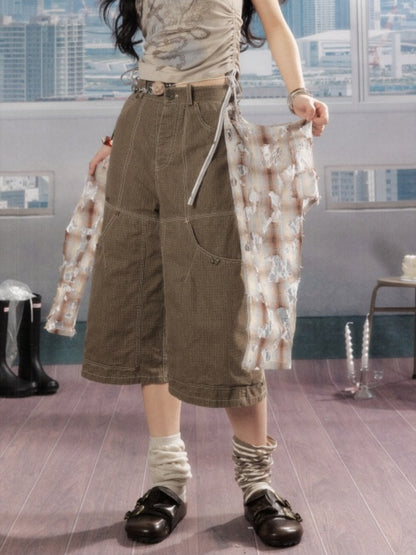 Detachable Plaid Butt Curtain Wide-Leg Cropped Pants【s0000016725】