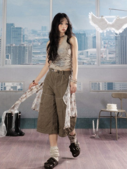 Detachable Plaid Butt Curtain Wide-Leg Cropped Pants【s0000016725】