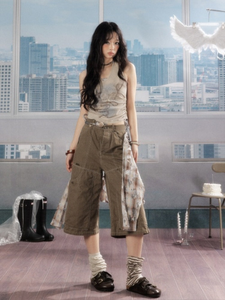 Detachable Plaid Butt Curtain Wide-Leg Cropped Pants【s0000016725】
