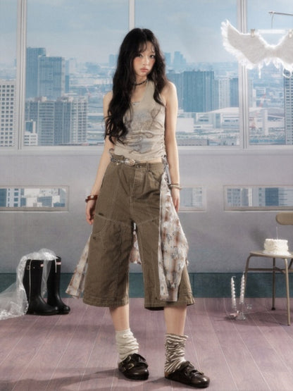 Detachable Plaid Butt Curtain Wide-Leg Cropped Pants【s0000016725】