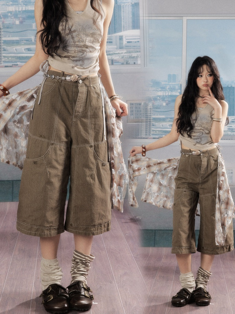 Detachable Plaid Butt Curtain Wide-Leg Cropped Pants【s0000016725】