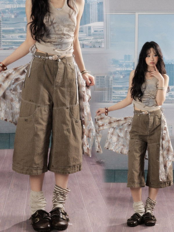 Detachable Plaid Butt Curtain Wide-Leg Cropped Pants【s0000016725】
