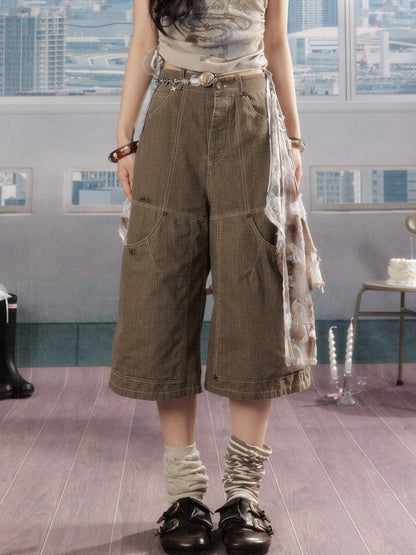 Detachable Plaid Butt Curtain Wide-Leg Cropped Pants【s0000016725】