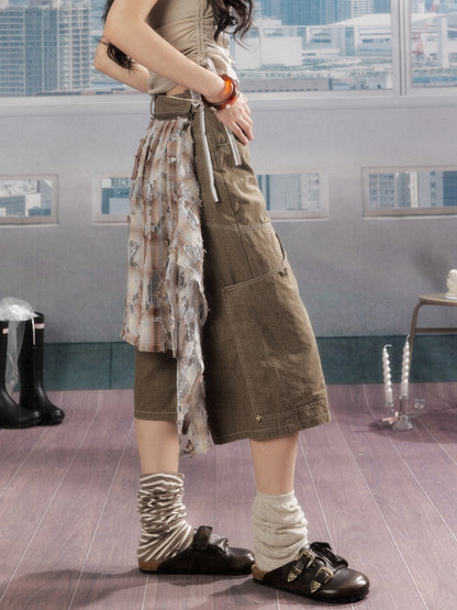 Detachable Plaid Butt Curtain Wide-Leg Cropped Pants【s0000016725】