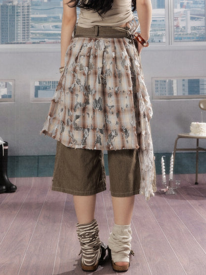 Detachable Plaid Butt Curtain Wide-Leg Cropped Pants【s0000016725】