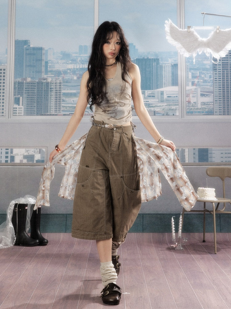 Detachable Plaid Butt Curtain Wide-Leg Cropped Pants【s0000016725】