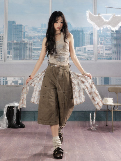Detachable Plaid Butt Curtain Wide-Leg Cropped Pants【s0000016725】